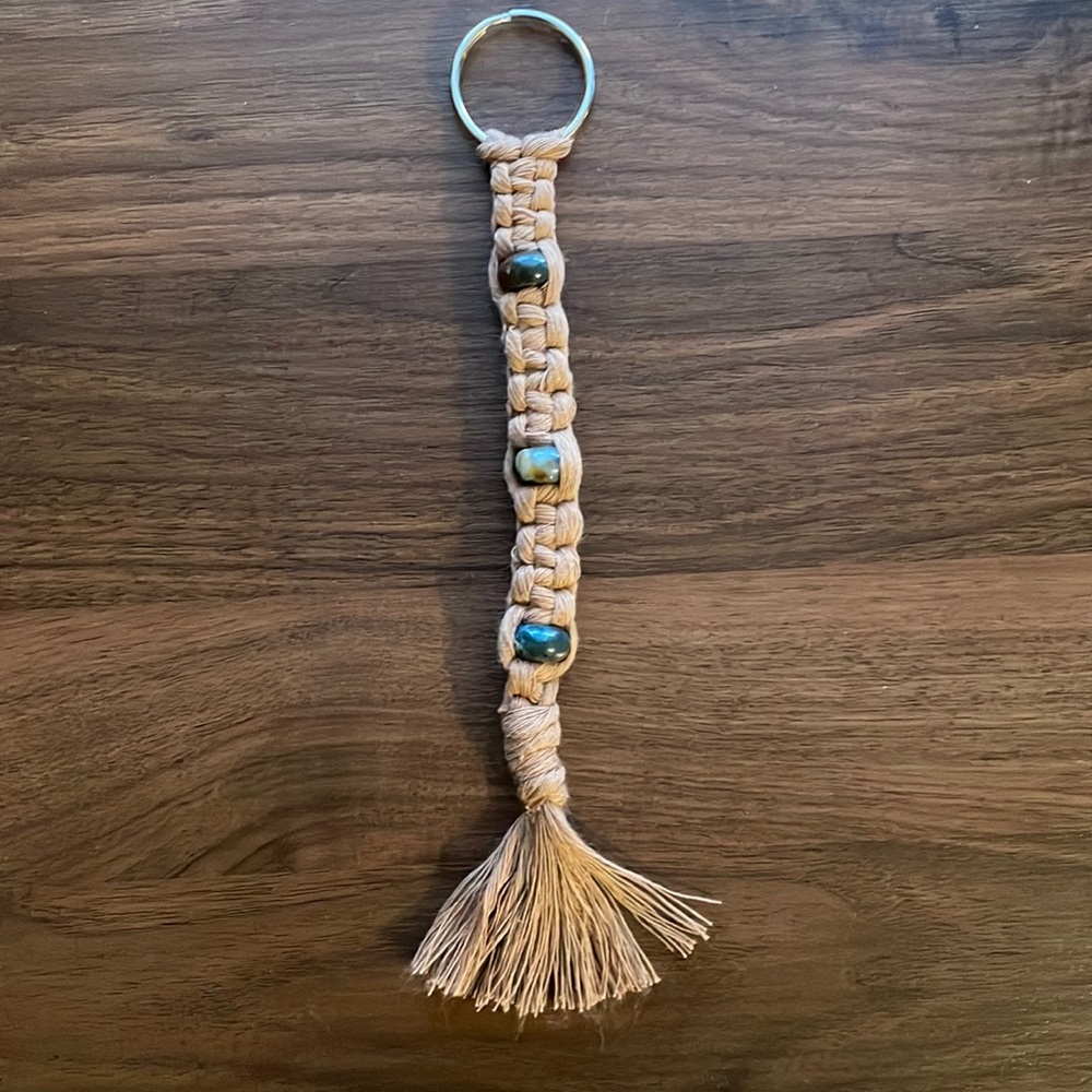 Handmade keychain. Tan with glass beads. 8”